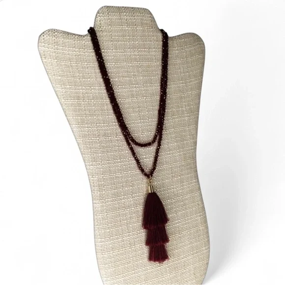 Garnet Red Faceted Crystal Necklace w/ Layered Tassels – 36” Long - Picture 3 of 15